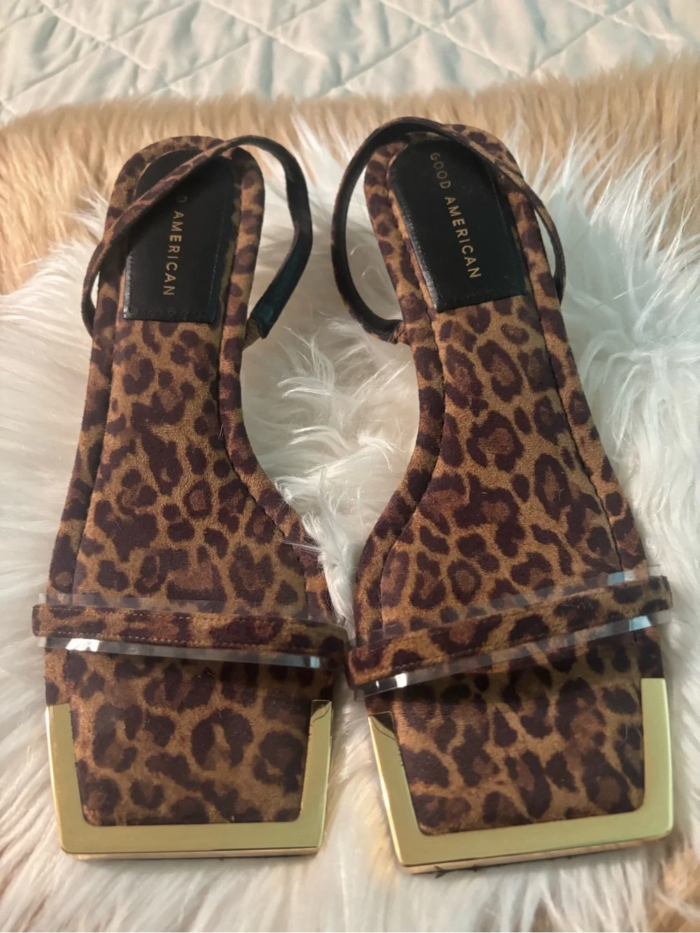 Good American Leopard-Print Square Toe Sandals with Clear Strap